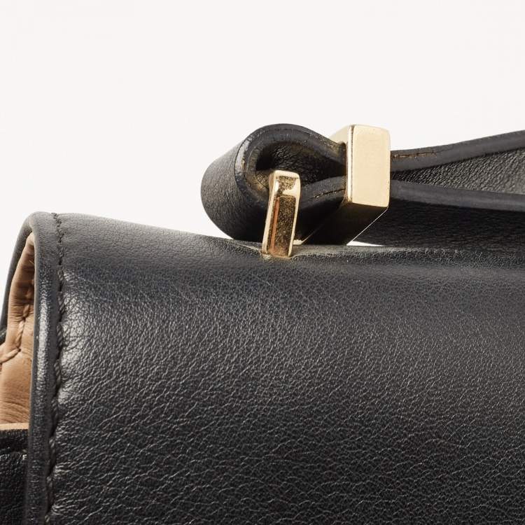 Pre Owned CH Carolina Herrera Black Leather Logo Metal Flap Shoulder Bag