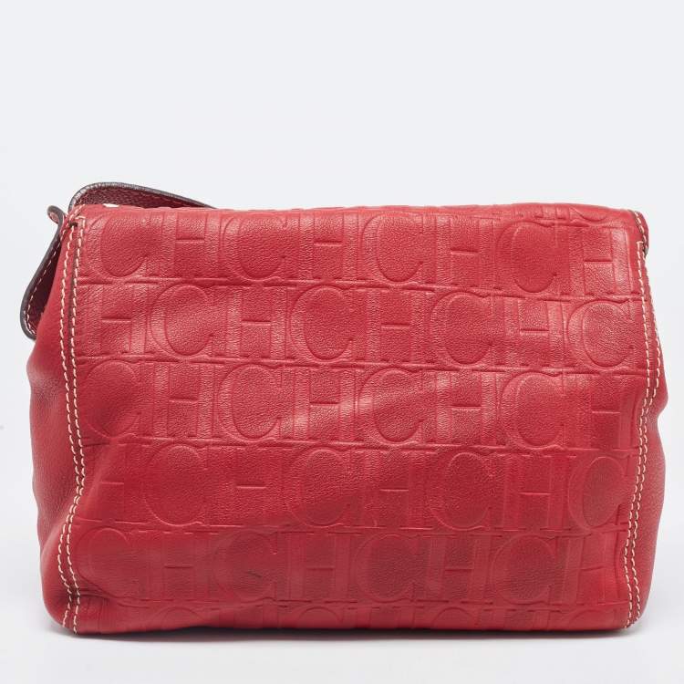Pre Owned Carolina Herrera Red Monogram Embossed Leather Flap Shoulder Bag
