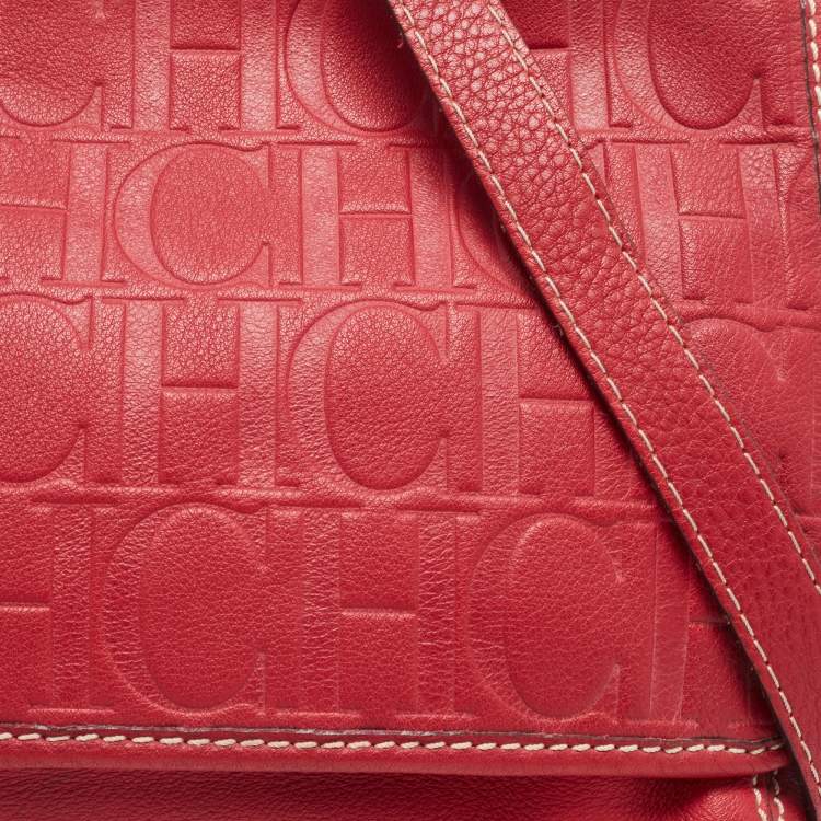 Pre Owned Carolina Herrera Red Monogram Embossed Leather Flap Shoulder Bag