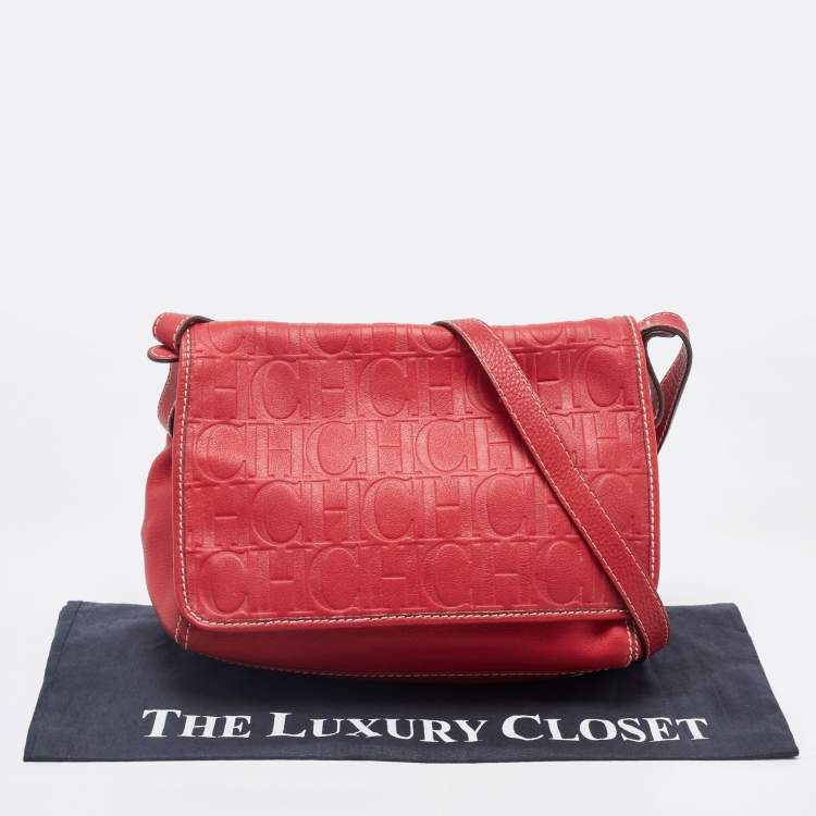 Pre Owned Carolina Herrera Red Monogram Embossed Leather Flap Shoulder Bag