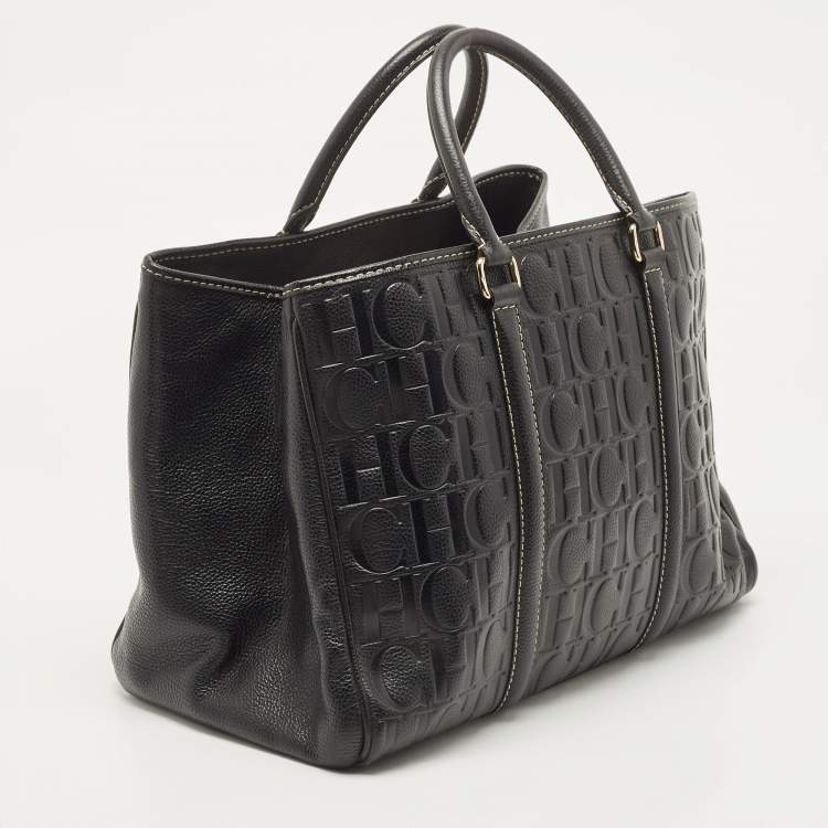 Pre Owned CH Carolina Herrera Black Monogram Embossed Leather Matteo Tote