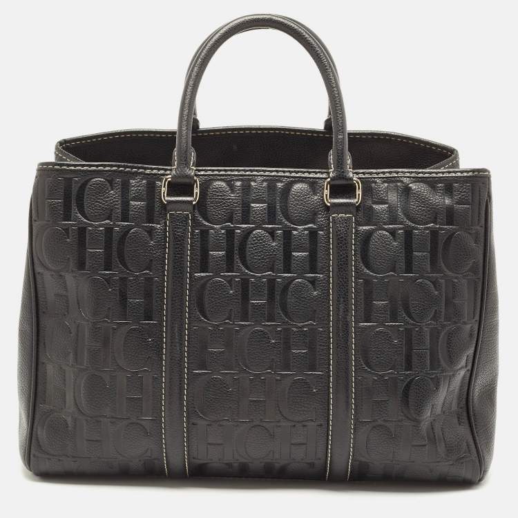 Pre Owned CH Carolina Herrera Black Monogram Embossed Leather Matteo Tote