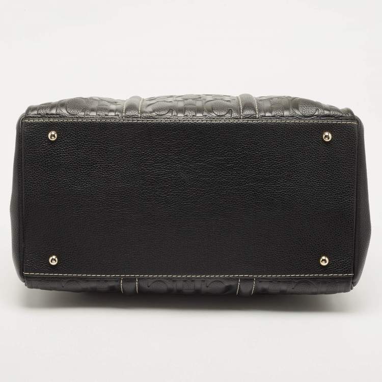 Pre Owned CH Carolina Herrera Black Monogram Embossed Leather Matteo Tote