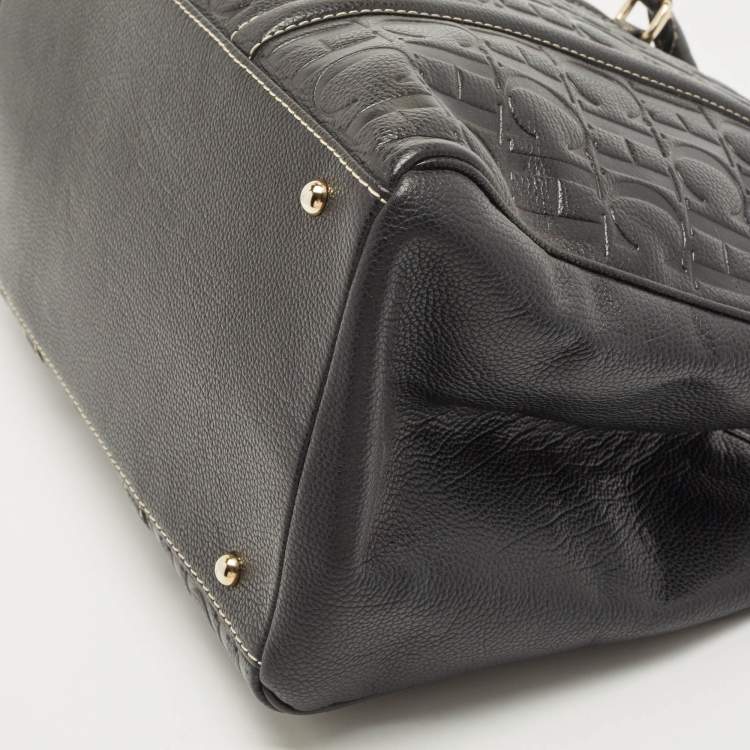Pre Owned CH Carolina Herrera Black Monogram Embossed Leather Matteo Tote