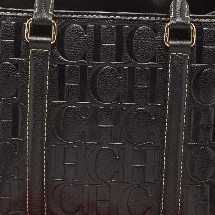 Pre Owned CH Carolina Herrera Black Monogram Embossed Leather Matteo Tote