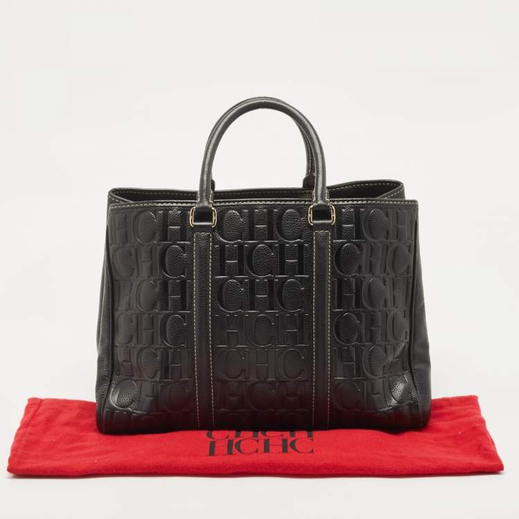 Pre Owned CH Carolina Herrera Black Monogram Embossed Leather Matteo Tote