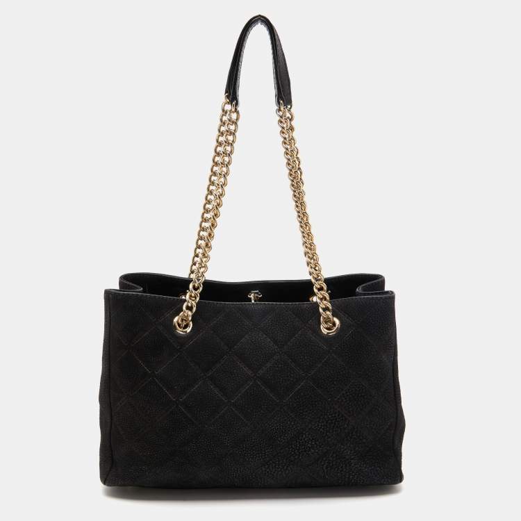 Pre Owned Carolina Herrera Black Quilted Logo Embossed Nubucke Leather Chain Tote
