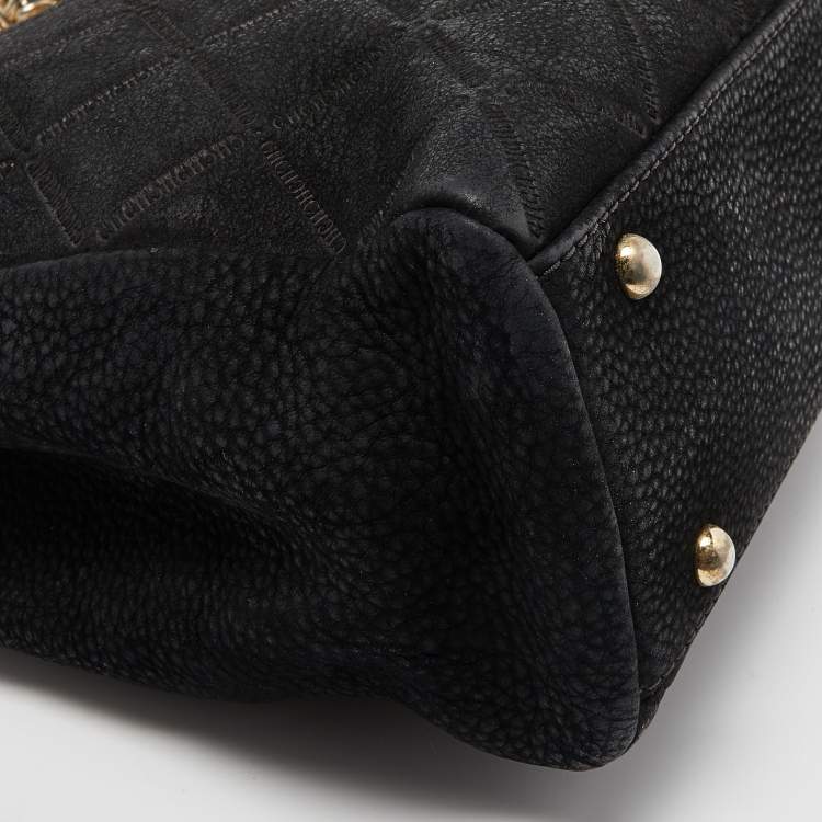 Pre Owned Carolina Herrera Black Quilted Logo Embossed Nubucke Leather Chain Tote