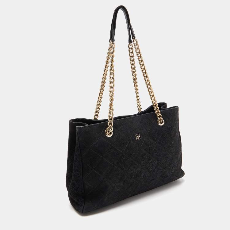 Pre Owned Carolina Herrera Black Quilted Logo Embossed Nubucke Leather Chain Tote