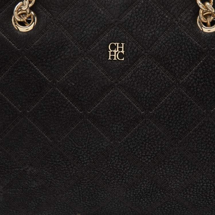 Pre Owned Carolina Herrera Black Quilted Logo Embossed Nubucke Leather Chain Tote