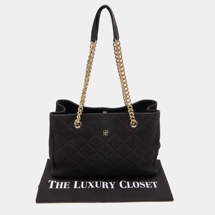 Pre Owned Carolina Herrera Black Quilted Logo Embossed Nubucke Leather Chain Tote