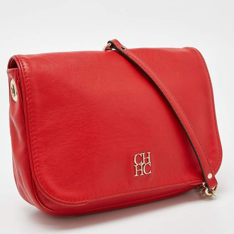 Pre Owned CH Carolina Herrera Red Leather New Baltazar Flap Shoulder Bag