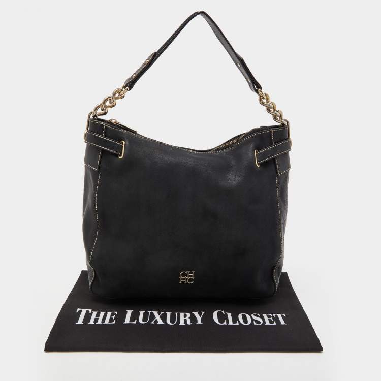 Pre Owned CH Carolina Herrera Black Nubuck and Leather Chain Hobo