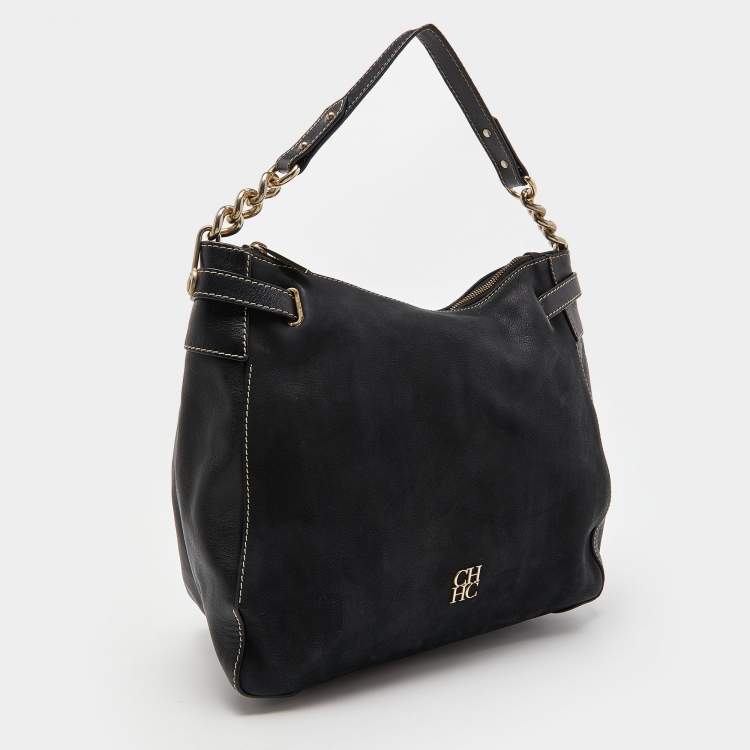 Pre Owned CH Carolina Herrera Black Nubuck and Leather Chain Hobo
