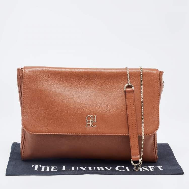 Pre Owned Carolina Herrera Brown Leather Flap Chain Shoulder Bag