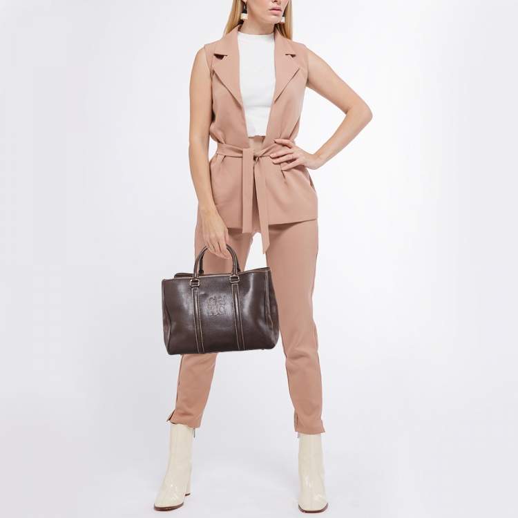 Pre Owned CH Carolina Herrera Brown Grained Leather Matteo Tote