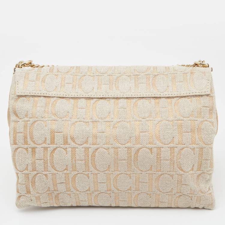 مملوكة مسبقًا CH Carolina Herrera Beige Monogram Canvas and Suede Flap Shoulder Bag