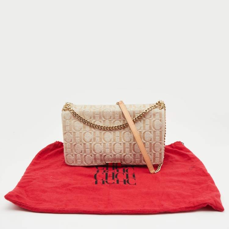 مملوكة مسبقًا CH Carolina Herrera Beige Monogram Canvas and Suede Flap Shoulder Bag