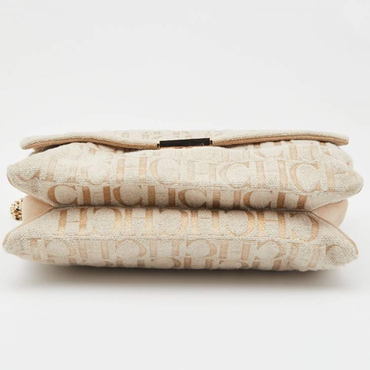 مملوكة مسبقًا CH Carolina Herrera Beige Monogram Canvas and Suede Flap Shoulder Bag