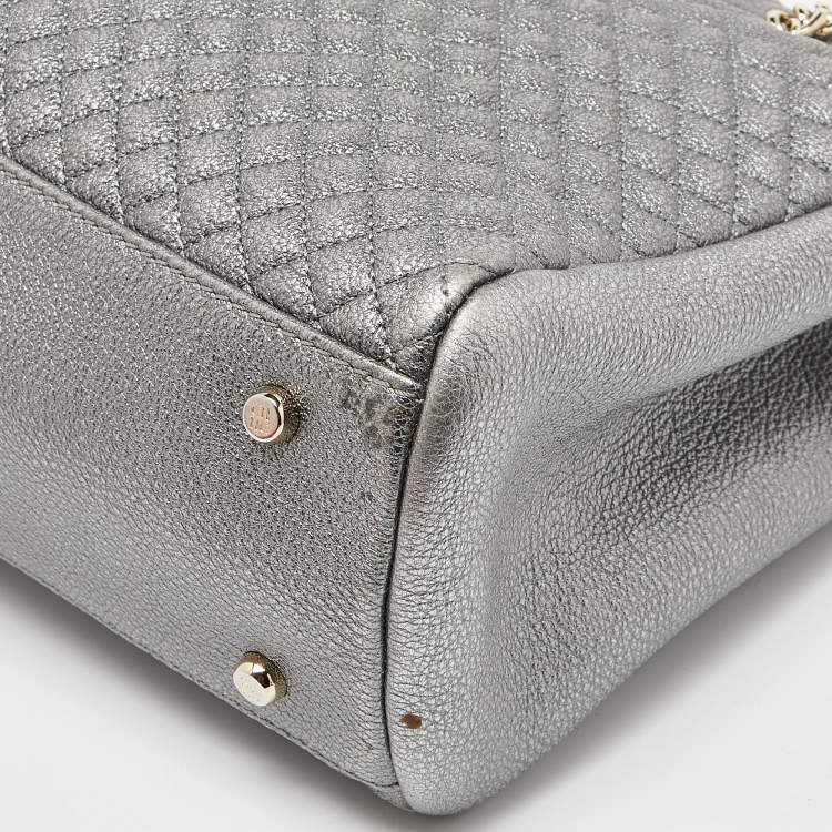 Pre Owned CH Carolina Herrera Metallic Silver Micro Quilted Leather Chain Tote