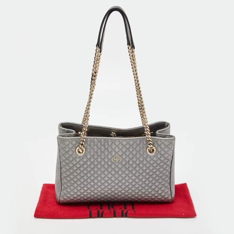 Pre Owned CH Carolina Herrera Metallic Silver Micro Quilted Leather Chain Tote