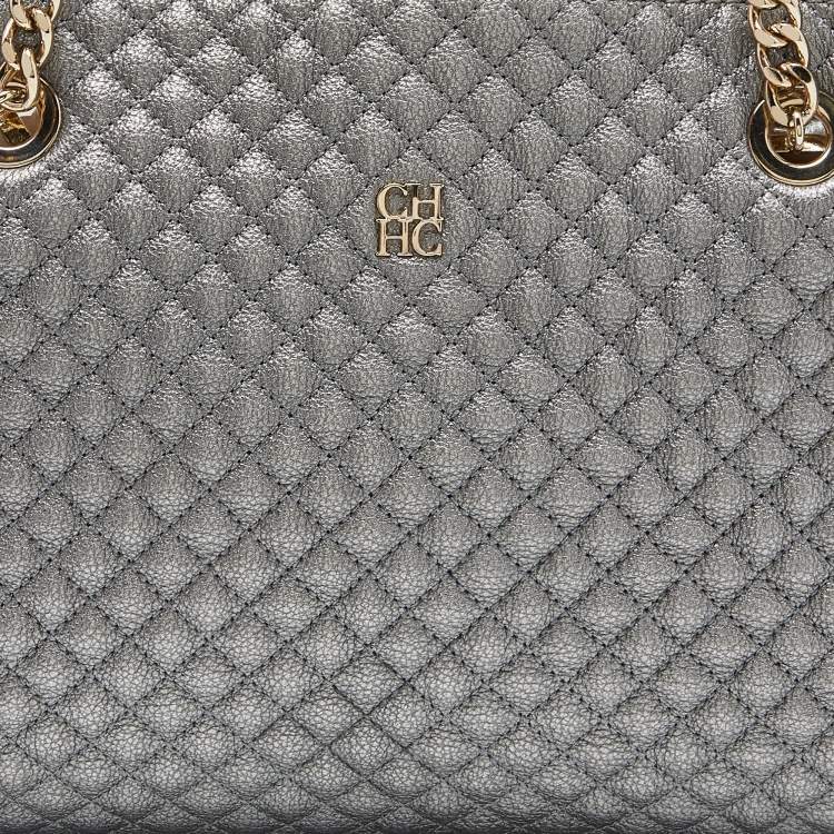 Pre Owned CH Carolina Herrera Metallic Silver Micro Quilted Leather Chain Tote