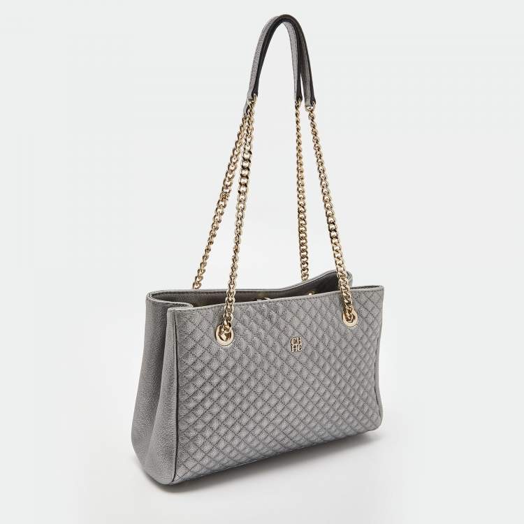 Pre Owned CH Carolina Herrera Metallic Silver Micro Quilted Leather Chain Tote