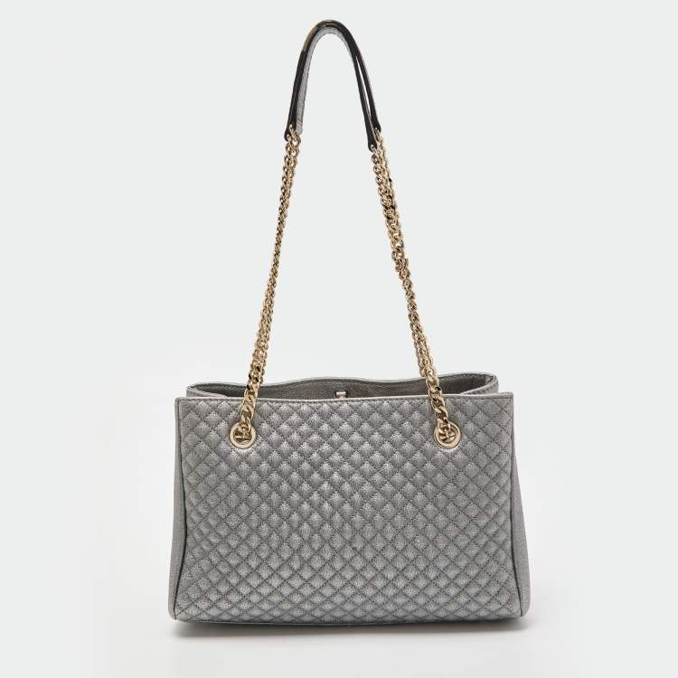 Pre Owned CH Carolina Herrera Metallic Silver Micro Quilted Leather Chain Tote