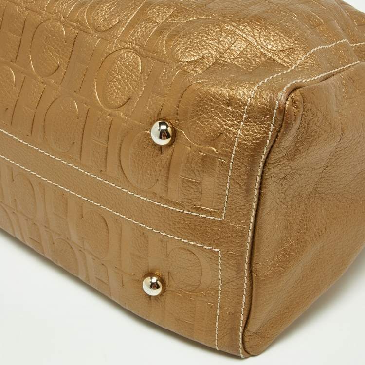 Pre Owned CH Carolina Herrera Metallic Gold Monogram Leather Large Andy Boston Bag