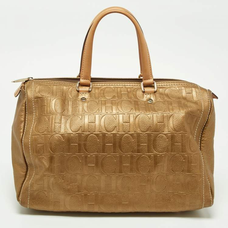 Pre Owned CH Carolina Herrera Metallic Gold Monogram Leather Large Andy Boston Bag