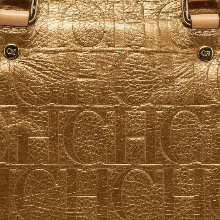 Pre Owned CH Carolina Herrera Metallic Gold Monogram Leather Large Andy Boston Bag