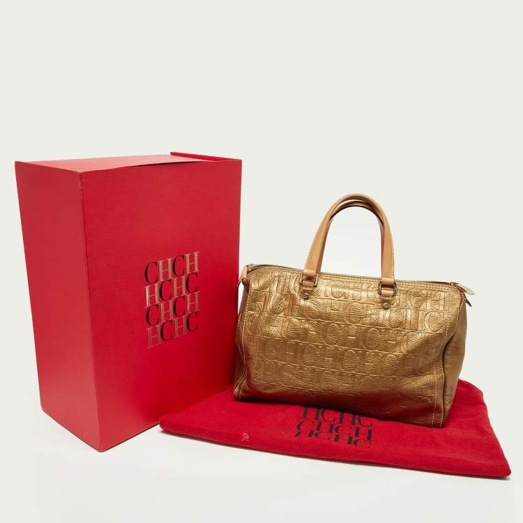 Pre Owned CH Carolina Herrera Metallic Gold Monogram Leather Large Andy Boston Bag