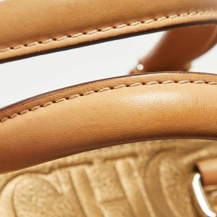 Pre Owned CH Carolina Herrera Metallic Gold Monogram Leather Large Andy Boston Bag