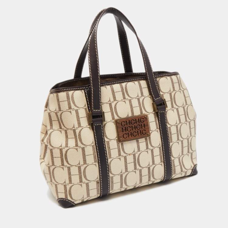Pre Owned CH Carolina Herrera Beige/Brown Monogram Coated Canvas and Leather Tote