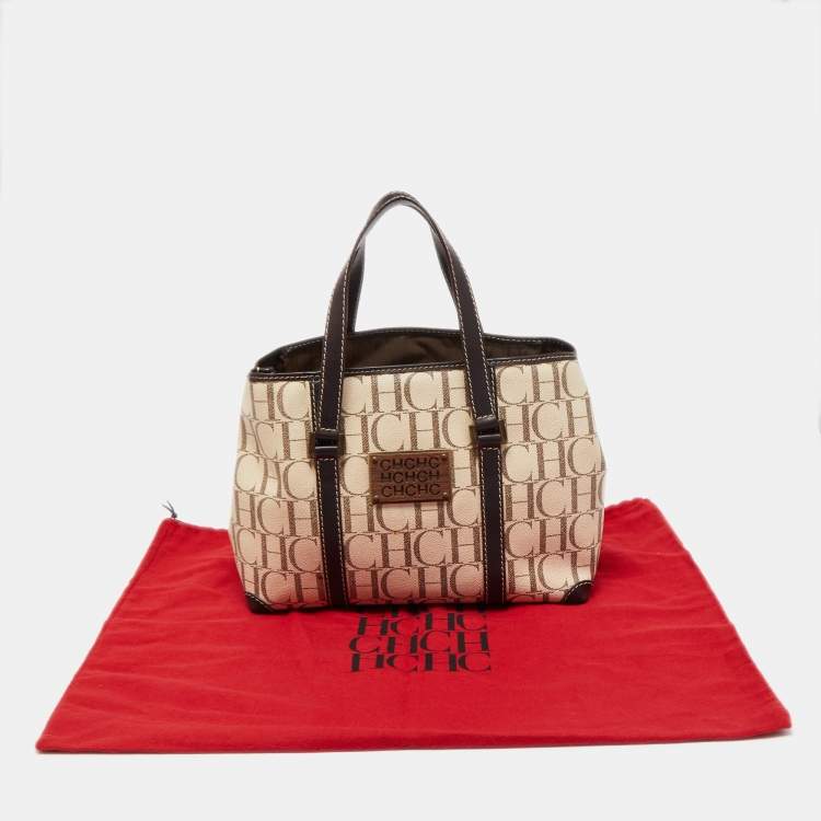 Pre Owned CH Carolina Herrera Beige/Brown Monogram Coated Canvas and Leather Tote