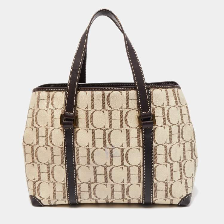 Pre Owned CH Carolina Herrera Beige/Brown Monogram Coated Canvas and Leather Tote