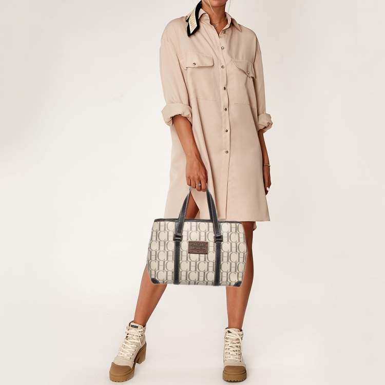 Pre Owned CH Carolina Herrera Beige/Brown Monogram Coated Canvas and Leather Tote