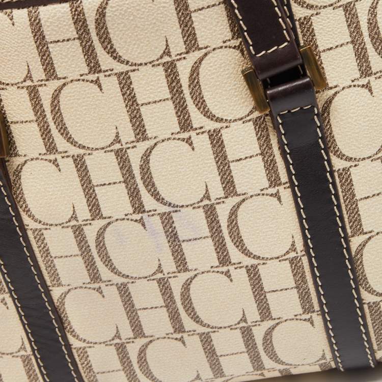 Pre Owned CH Carolina Herrera Beige/Brown Monogram Coated Canvas and Leather Tote