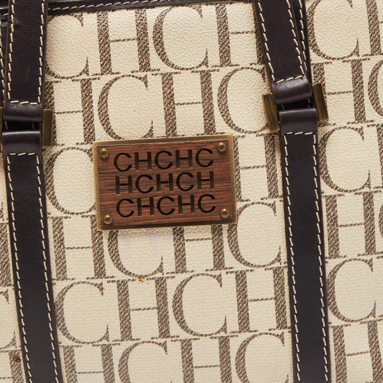 Pre Owned CH Carolina Herrera Beige/Brown Monogram Coated Canvas and Leather Tote