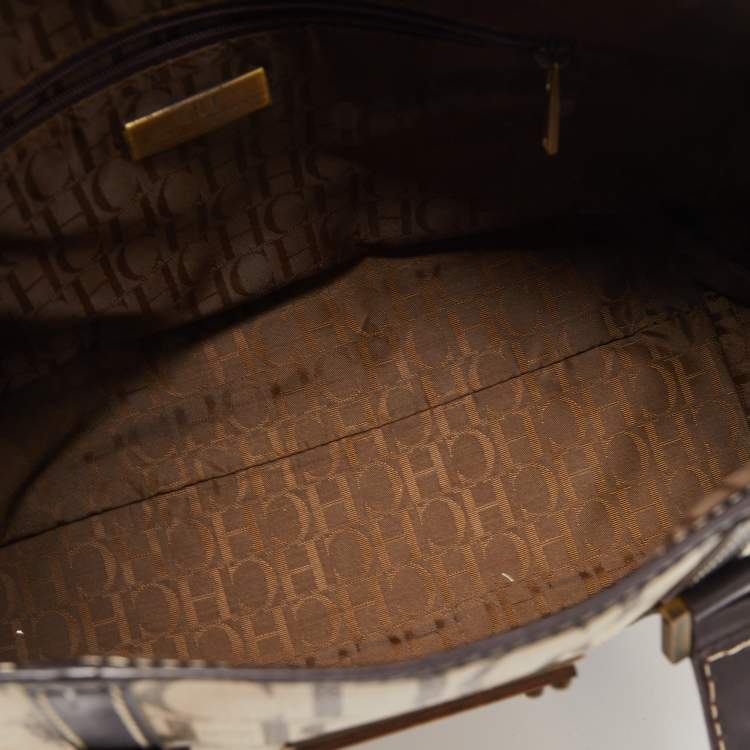 Pre Owned CH Carolina Herrera Beige/Brown Monogram Coated Canvas and Leather Tote
