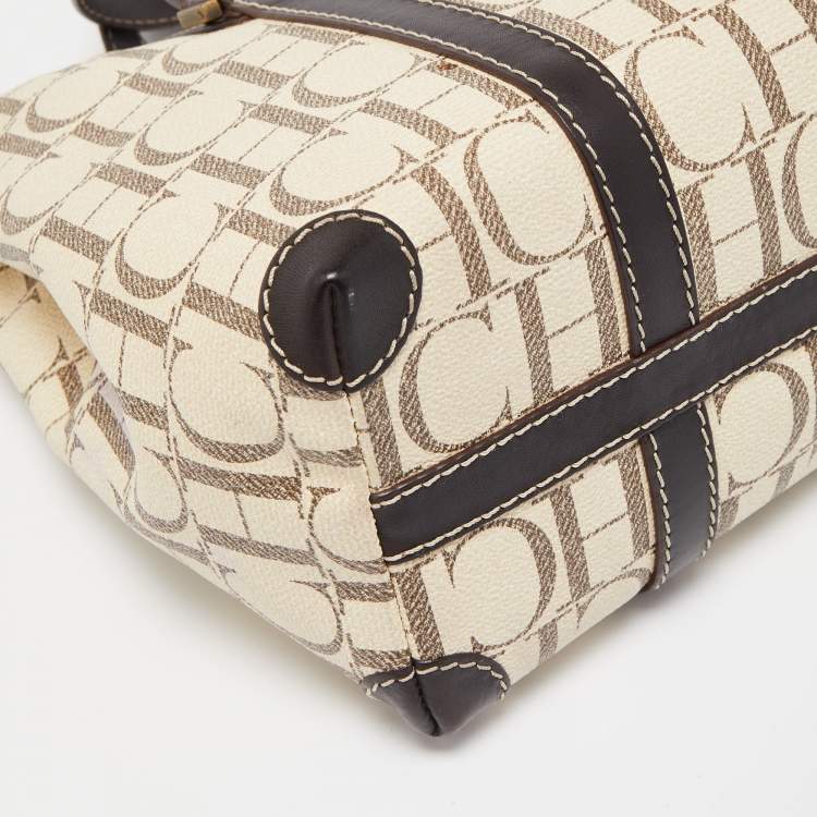 Pre Owned CH Carolina Herrera Beige/Brown Monogram Coated Canvas and Leather Tote