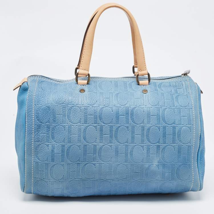 Pre Owned CH Carolina Herrera Blue Monogram Leather Andy Boston Bag