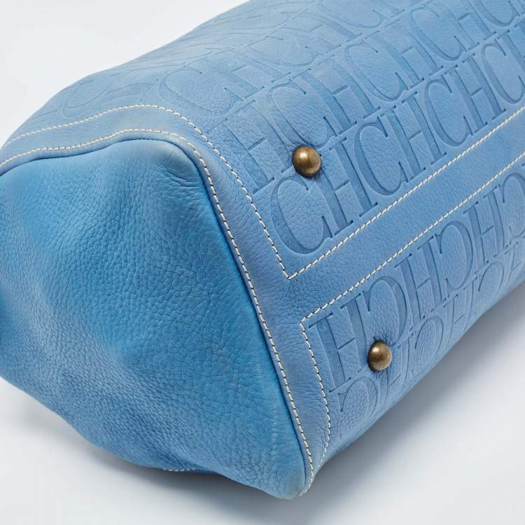 Pre Owned CH Carolina Herrera Blue Monogram Leather Andy Boston Bag
