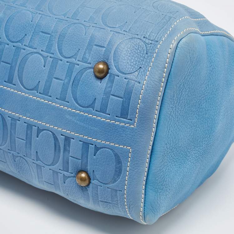 Pre Owned CH Carolina Herrera Blue Monogram Leather Andy Boston Bag