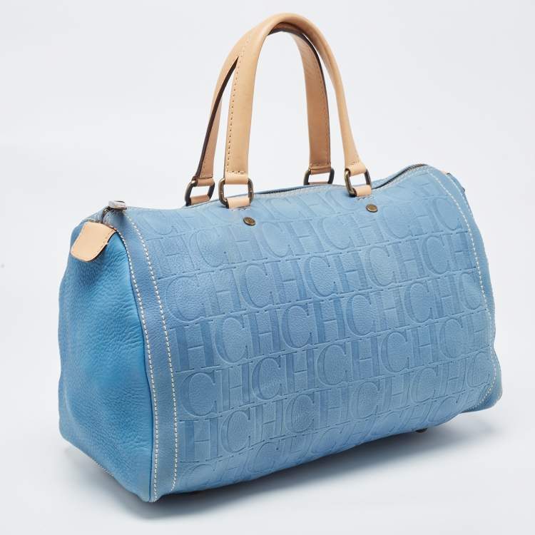 Pre Owned CH Carolina Herrera Blue Monogram Leather Andy Boston Bag