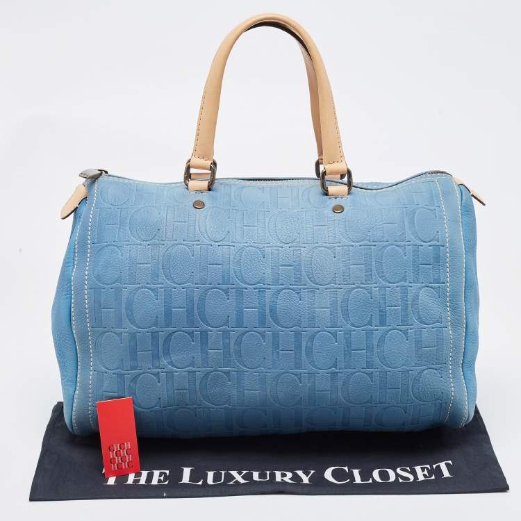Pre Owned CH Carolina Herrera Blue Monogram Leather Andy Boston Bag