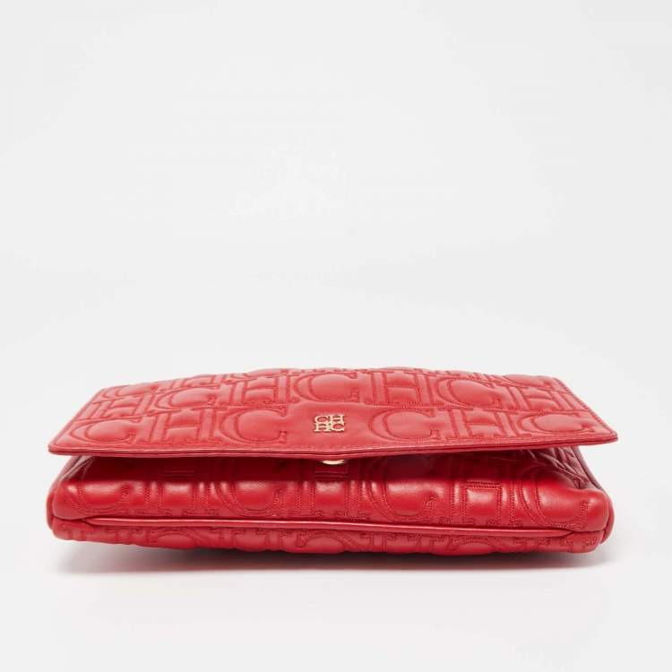Pre Owned CH Carolina Herrera Red Quilted Leather Flap Wristlet Clutch