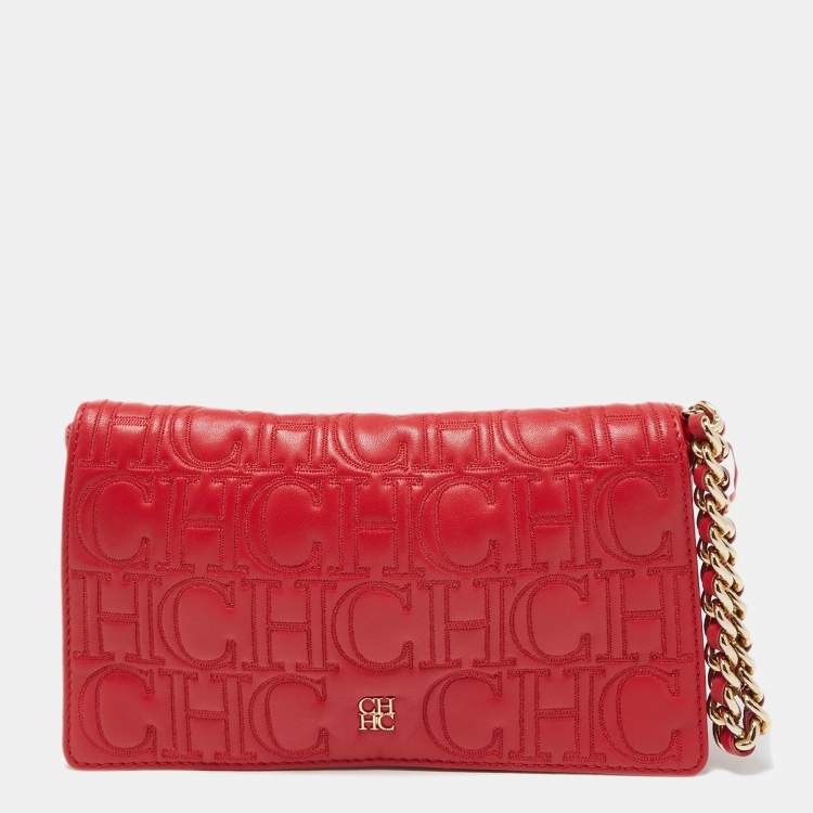 Pre Owned CH Carolina Herrera Red Quilted Leather Flap Wristlet Clutch