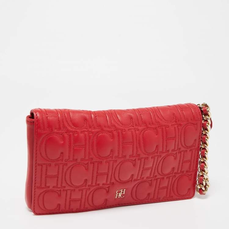 Pre Owned CH Carolina Herrera Red Quilted Leather Flap Wristlet Clutch