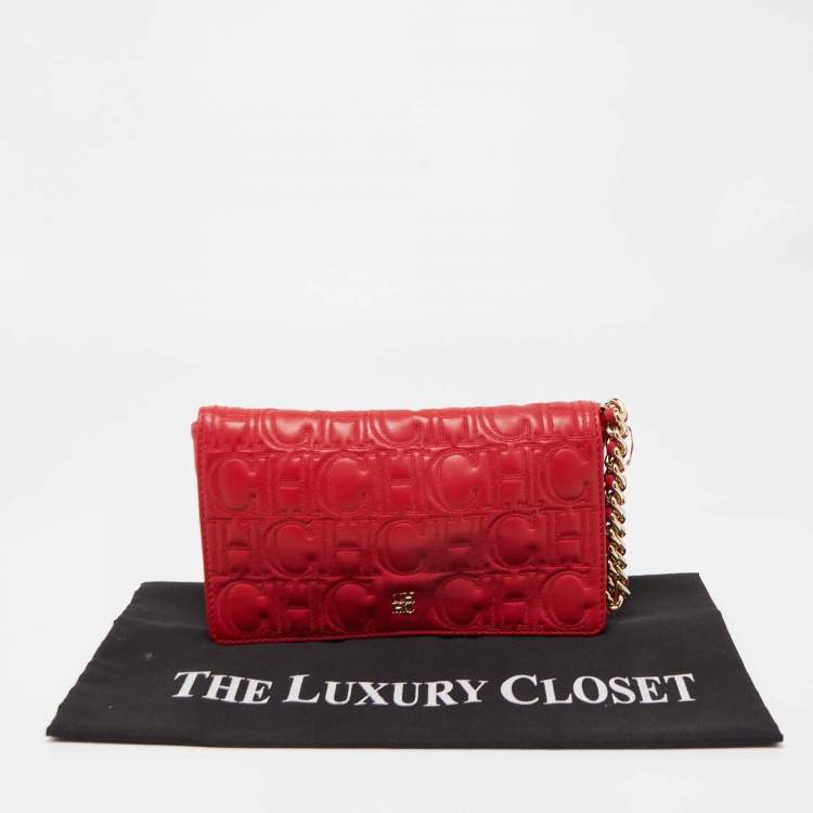 Pre Owned CH Carolina Herrera Red Quilted Leather Flap Wristlet Clutch